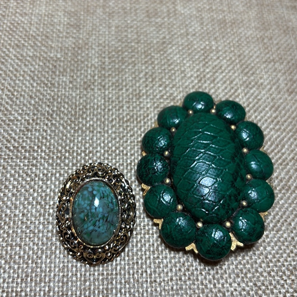 Costume Brooch Bundle Faux Green Reptile w Gold Filigree and Faux Jade Glass EVC